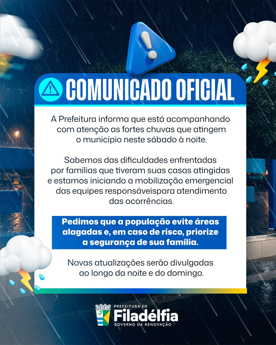 Prefeitura de Filadélfia divulga comunicado oficial sobre fortes chuvas no município