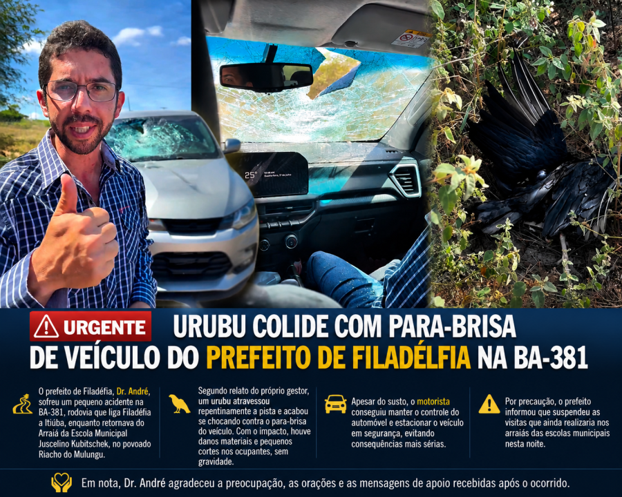 🚨 URGENTE | Urubu colide com para-brisa de veículo do prefeito de Filadélfia na BA-381