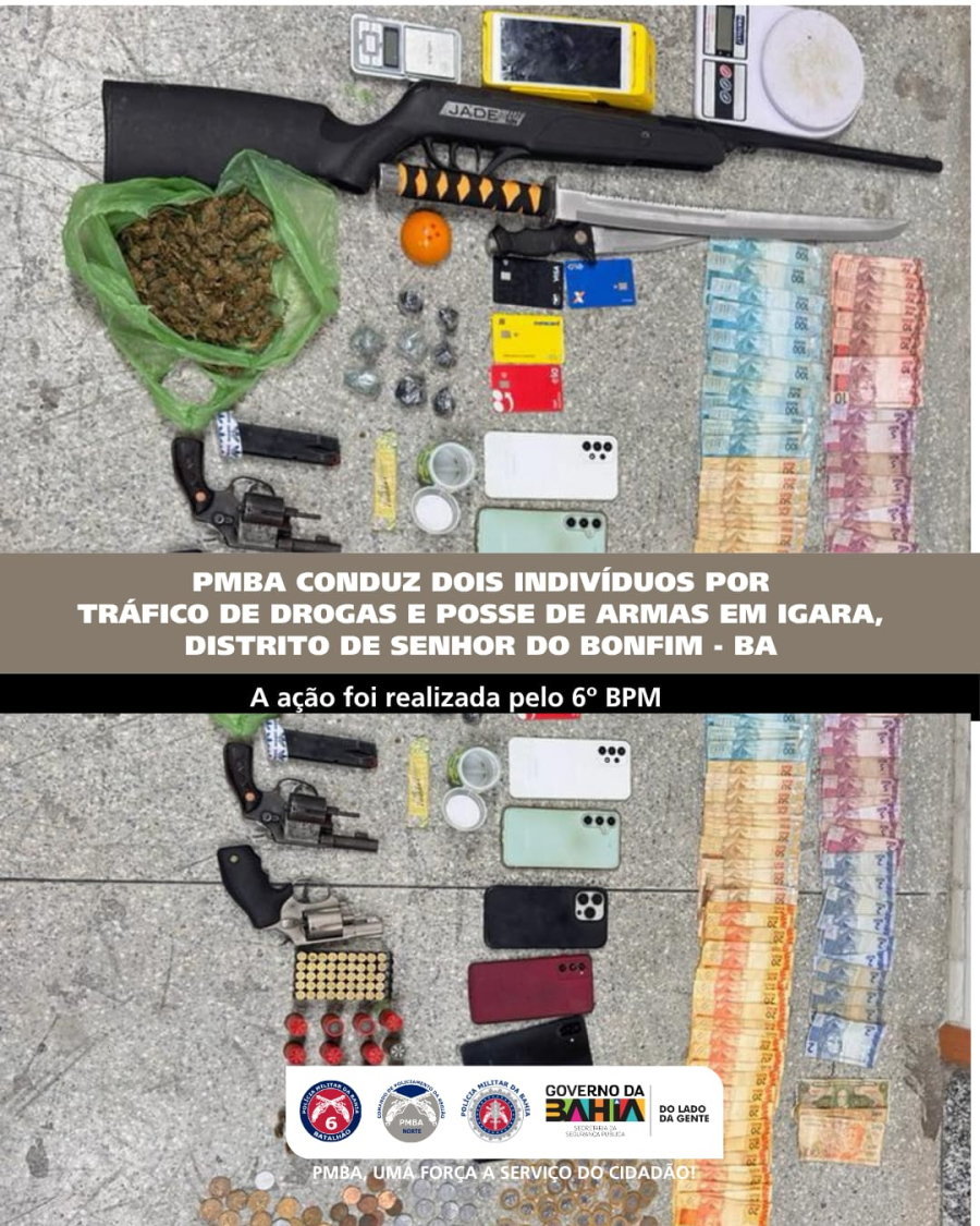 PMBA através do 6° BPM, conduz dois indivíduos por tráfico de drogas e porte ilegal de armas de fogo em Igara, distrito de Senhor do Bonfim - BA