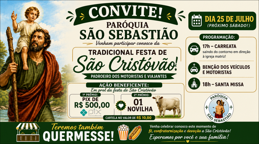 Paróquia São Sebastião convida fiéis para a tradicional Festa de São Cristóvão em Filadélfia