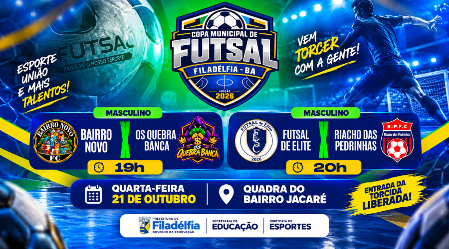 Copa Municipal de Futsal 2026 movimenta Filadélfia nesta quarta-feira (21) com dois grandes confrontos
